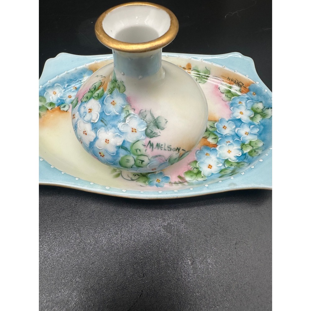 Antique Hand Painted Limoges Porcelain Dresser Set Forget-Me-Not Floral Gold - Picture 12 of 15